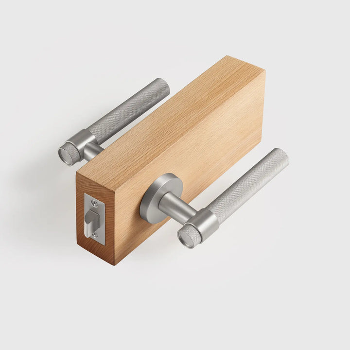 VERGE Knurled Lever Door Handles Set. Premium solid brass door handles re ideal as privacy door handles, passage door handles, bathroom thumb turn handles, and mortise lock door handles.
