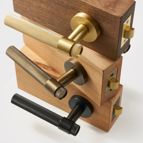 VERGE Knurled Lever Door Handles Set. Premium solid brass door handles re ideal as privacy door handles, passage door handles, bathroom thumb turn handles, and mortise lock door handles.