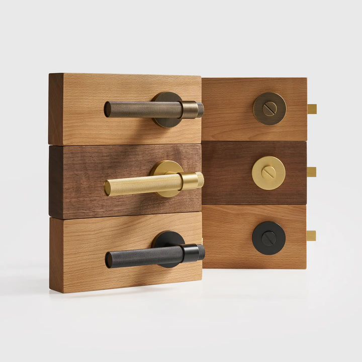 VERGE Knurled Lever Door Handles Set. Premium solid brass door handles re ideal as privacy door handles, passage door handles, bathroom thumb turn handles, and mortise lock door handles.