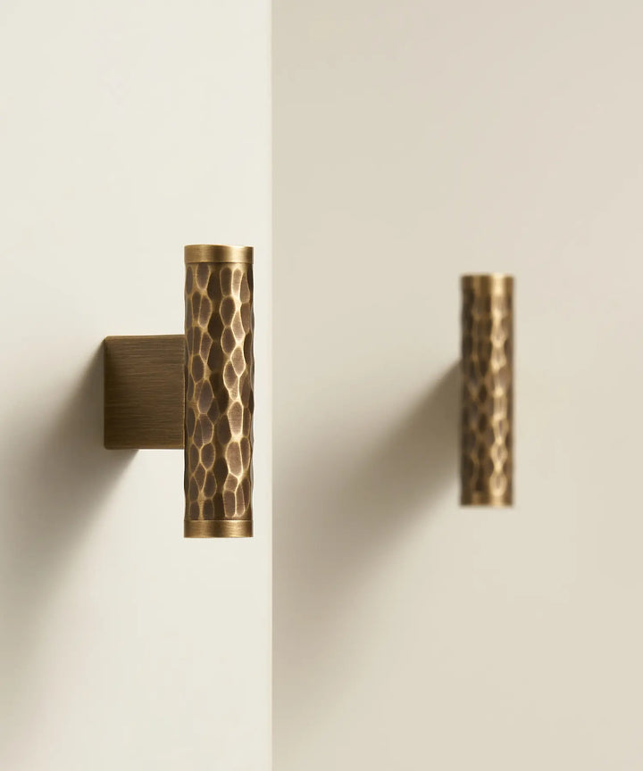 MARRA Brass Hammered T-Bar Handle.  Premium designer kitchen cabinet T-Bar handle. 