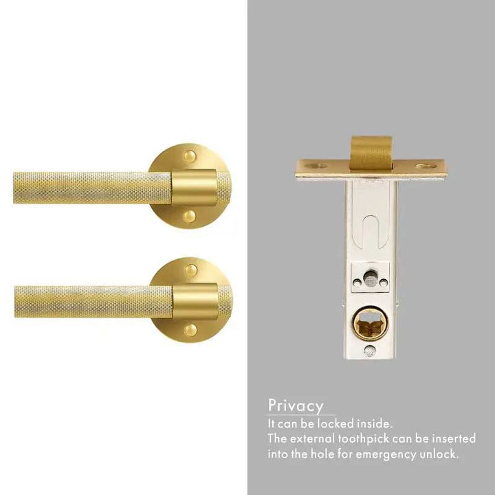 ECHELON Solid Brass Knurled premium Door Lever Handle Set, premium internal door handle set, premium bathroom door handles, privacy door handle - Satin Brass