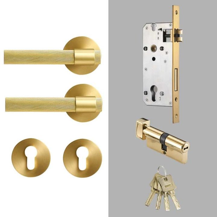 ECHELON Solid Brass Knurled premium Door Lever Handle Set, premium internal door handle set, premium bathroom door handles, privacy door handle - Satin Brass