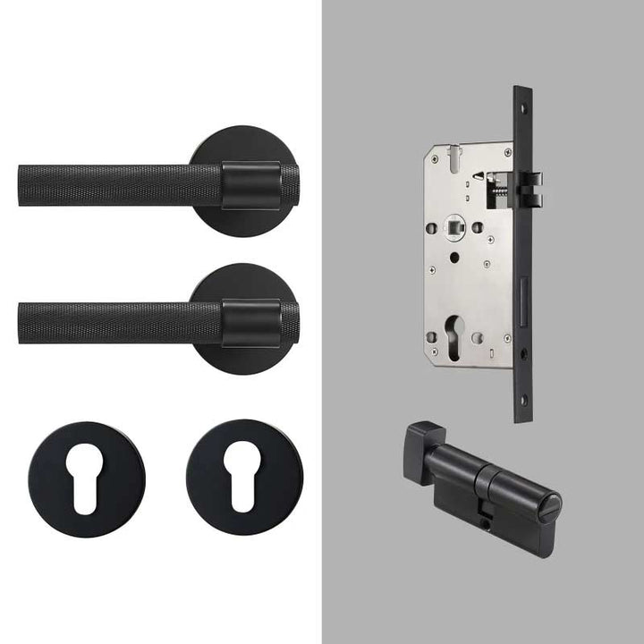 ECHELON Solid Brass Knurled premium Door Lever Handle Set, premium internal door handle set, premium bathroom door handles, privacy door handle - Matt Black
