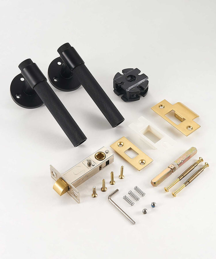 ECHELON Solid Brass Knurled premium Door Lever Handle Set, premium internal door handle set, premium bathroom door handles, privacy door handle - Matt Black