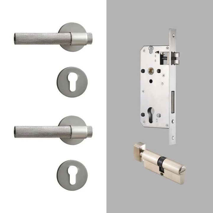 ECHELON Solid Brass Knurled premium Door Lever Handle Set, premium internal door handle set, premium bathroom door handles, privacy door handle - Silver