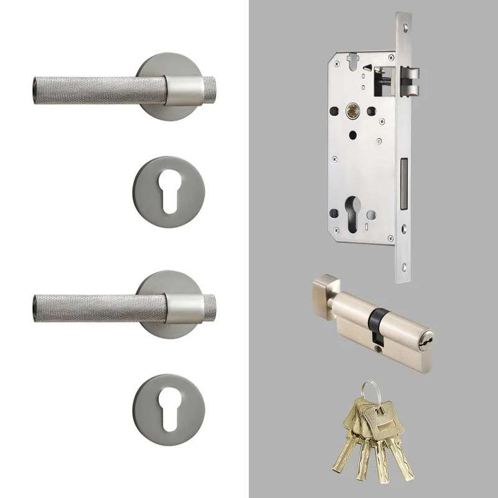 ECHELON Solid Brass Knurled premium Door Lever Handle Set, premium internal door handle set, premium bathroom door handles, privacy door handle - Silver