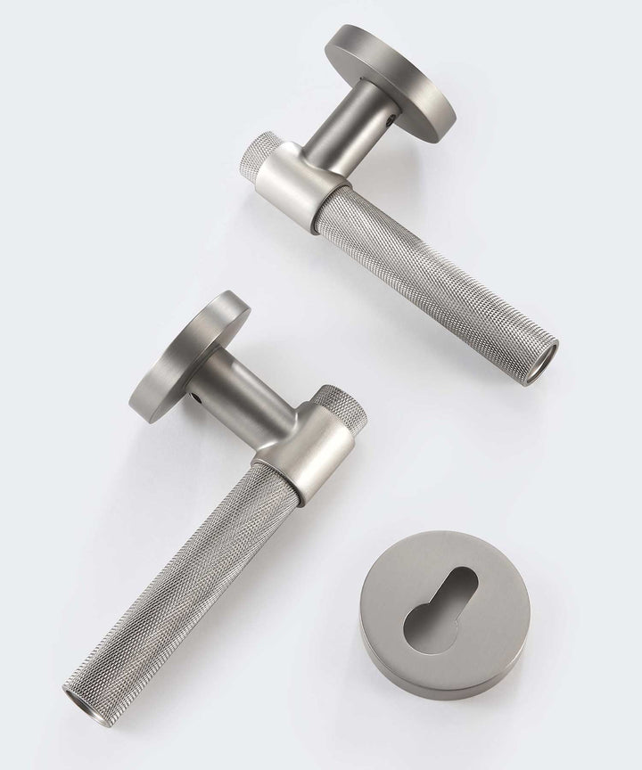 ECHELON Solid Brass Knurled premium Door Lever Handle Set, premium internal door handle set, premium bathroom door handles, privacy door handle - Silver