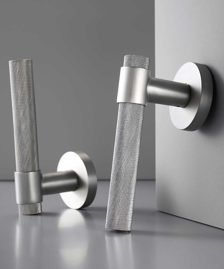 ECHELON Solid Brass Knurled premium Door Lever Handle Set, premium internal door handle set, premium bathroom door handles, privacy door handle - silver