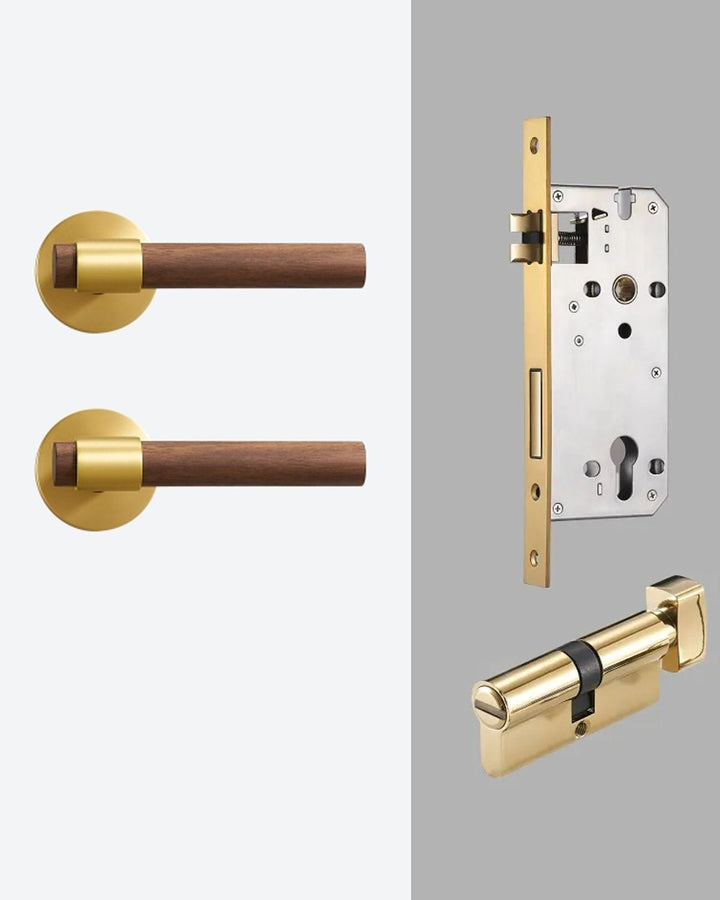 Real Walnut & Solid Brass Lever Door Handle Set - Luxury Handles