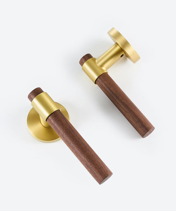 Real Walnut & Solid Brass Lever Door Handle Set - Luxury Handles