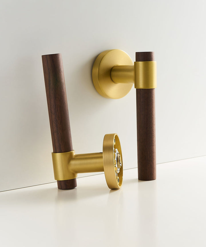 Real Walnut & Solid Brass Lever Door Handle Set - Luxury Handles