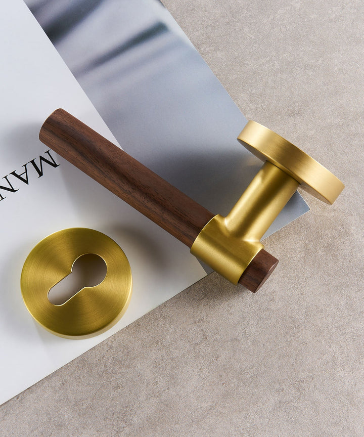 Real Walnut & Solid Brass Lever Door Handle Set - Luxury Handles