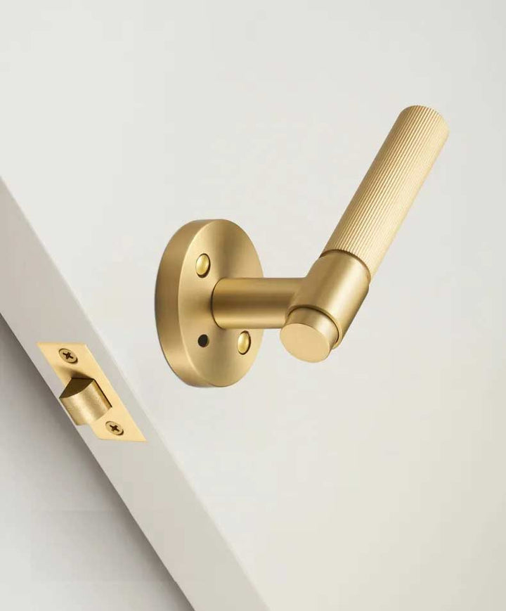 VELOX Solid Brass Knurled premium Door Lever Handle Set, premium internal door handle set, premium bathroom door handles, privacy door handle - Satin Brass