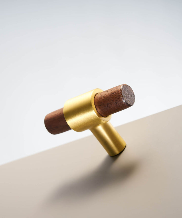 WOOD Walnut & Solid Brass Modern T-Bar Handle - Luxury Handles